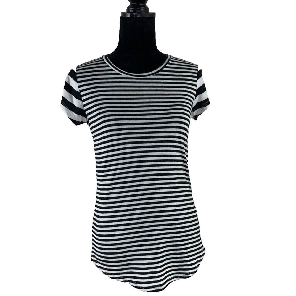 POOF Womens M Top Black White Stripe Stretch Cap Sl High Low Scoop Hem